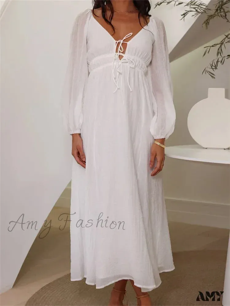 Amy Fashion - Elegant Women Mesh See Through  Lantern Sleeve  Deep V-neck Solid White High Waist Party Beach Vestidos