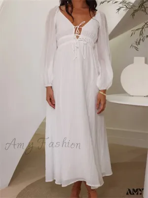 Amy Fashion - Elegant Women Mesh See Through  Lantern Sleeve  Deep V-neck Solid White High Waist Party Beach Vestidos