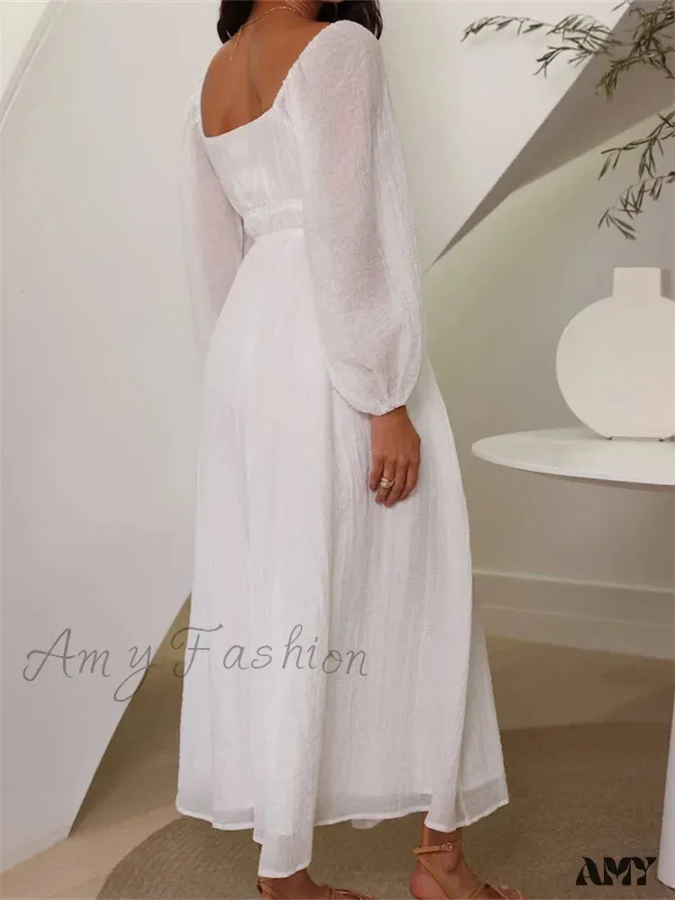Amy Fashion - Elegant Women Mesh See Through  Lantern Sleeve  Deep V-neck Solid White High Waist Party Beach Vestidos