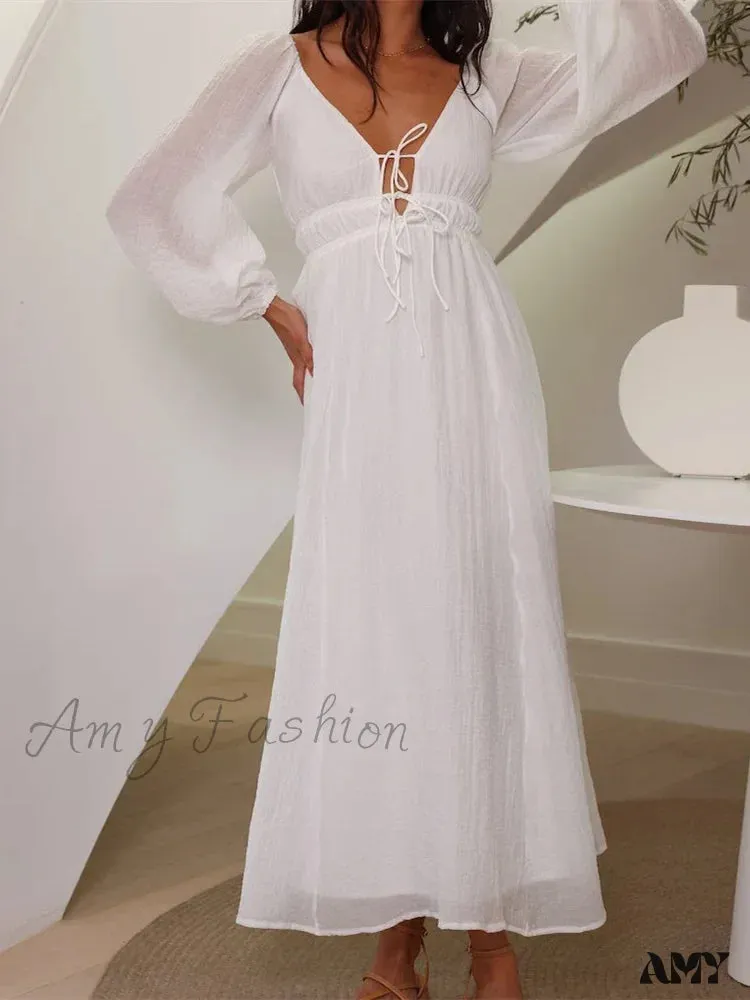 Amy Fashion - Elegant Women Mesh See Through  Lantern Sleeve  Deep V-neck Solid White High Waist Party Beach Vestidos