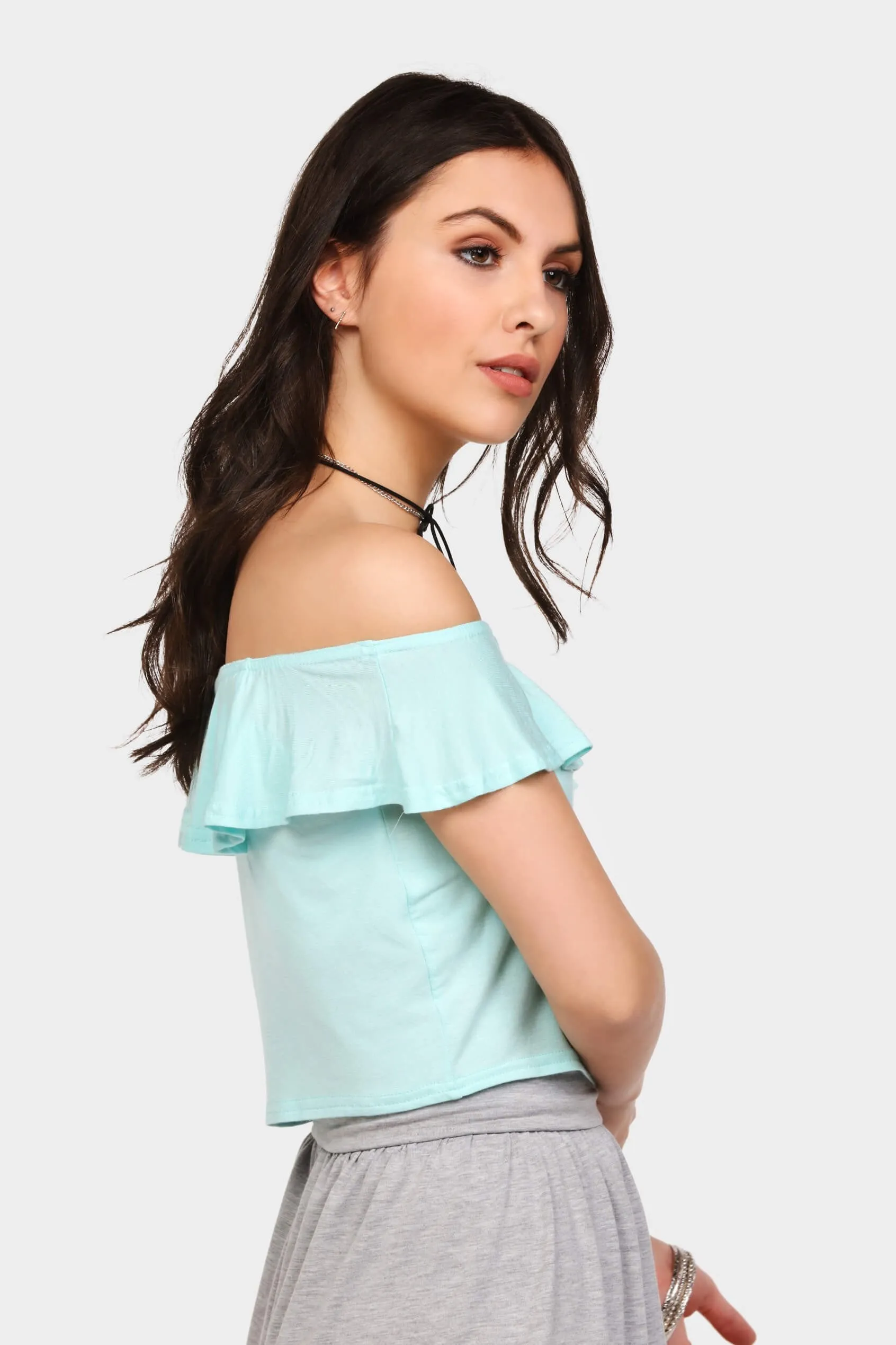 Aqua Frilly Off Shoulder Bardot Top