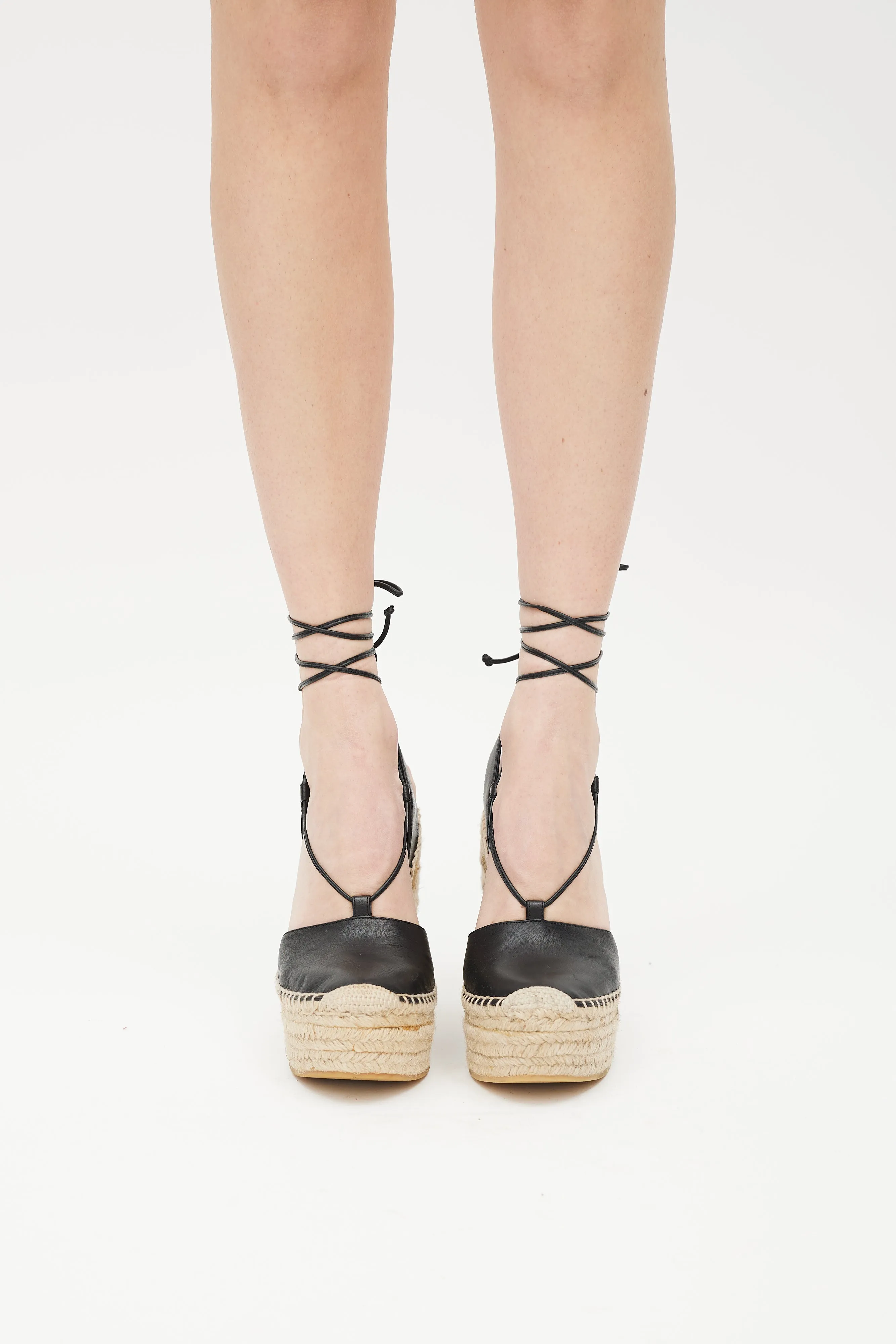 Beige & Black Leather Wedge Espadrille Sandal
