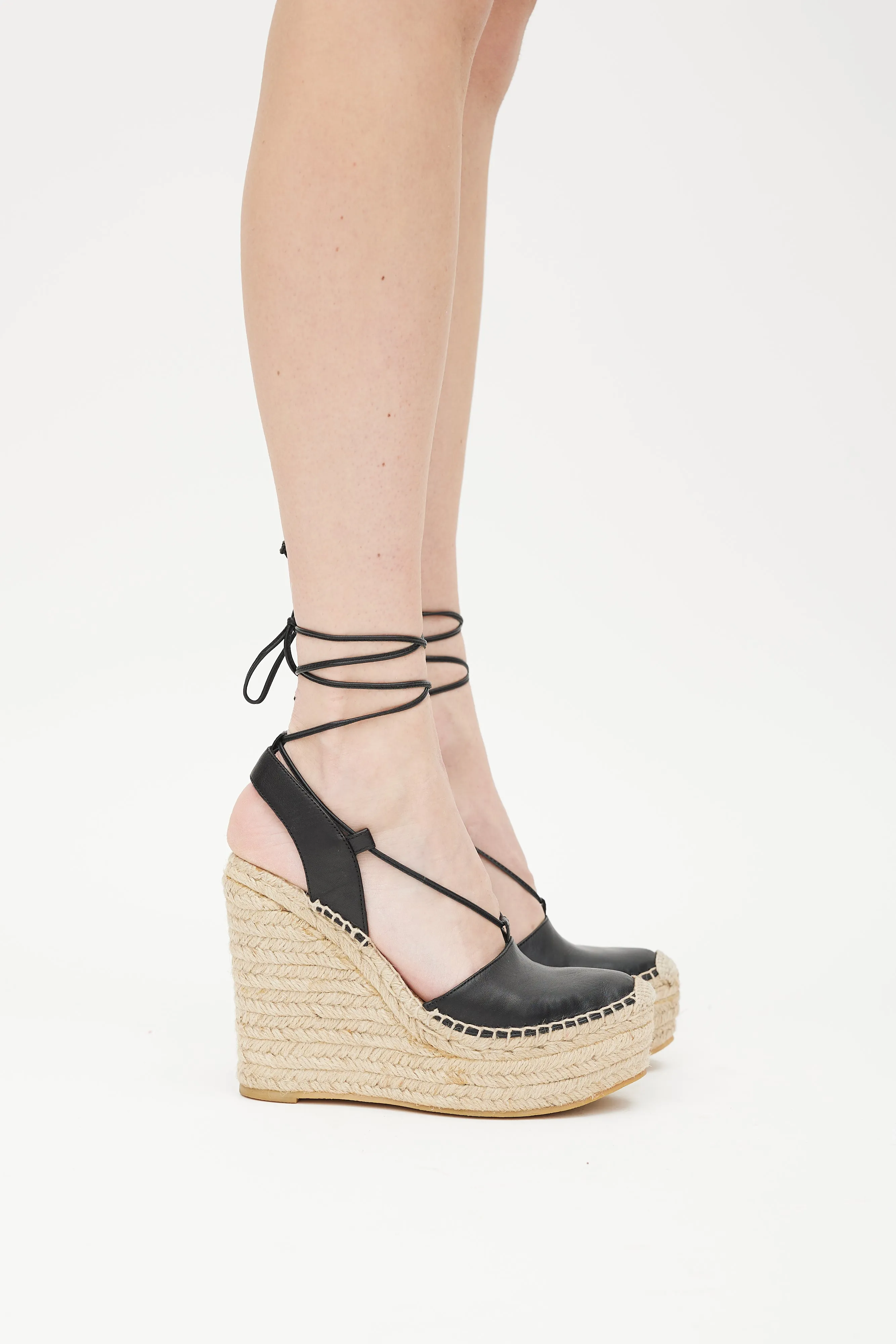 Beige & Black Leather Wedge Espadrille Sandal
