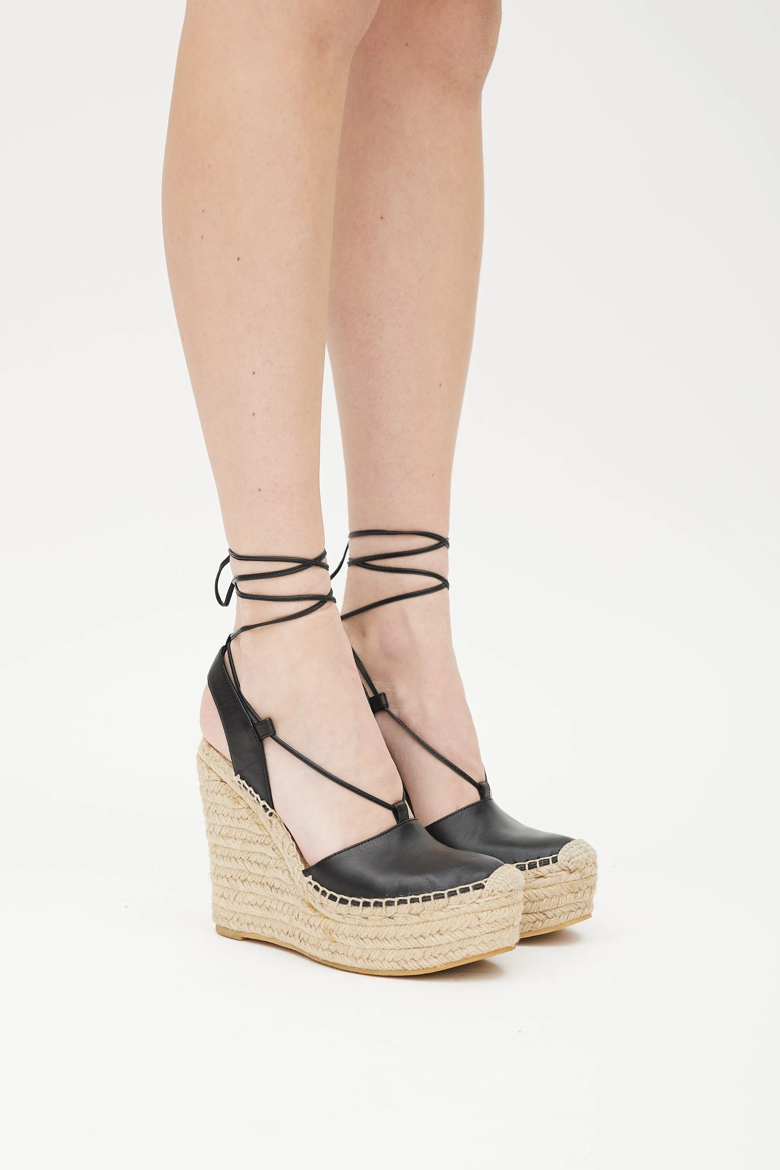 Beige & Black Leather Wedge Espadrille Sandal