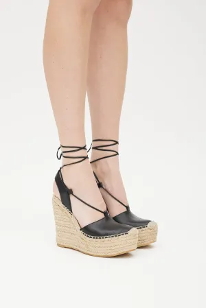 Beige & Black Leather Wedge Espadrille Sandal