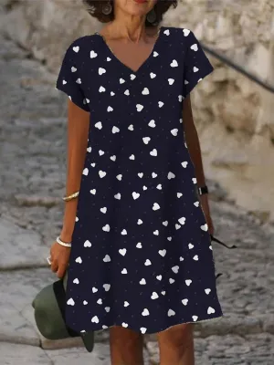 BerryBetty - Black Heart Print V Neck Causal Short Sleeve Shift Dress
