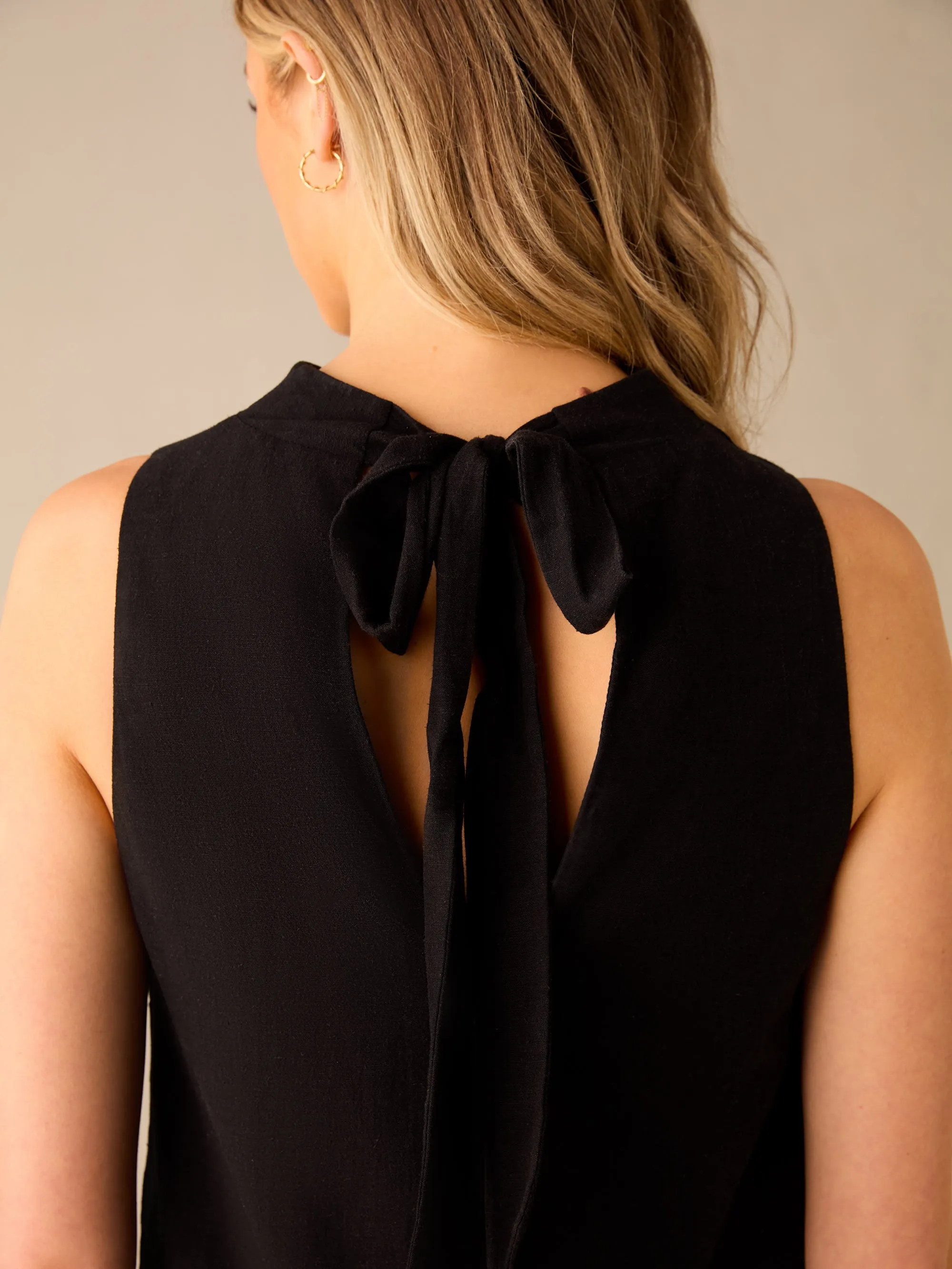 Black Cowl Neck Linen-blend Shift Dress
