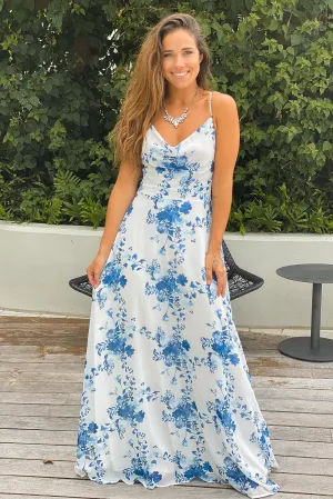 Blue And White Floral Maxi Dress With Criss Cross Back