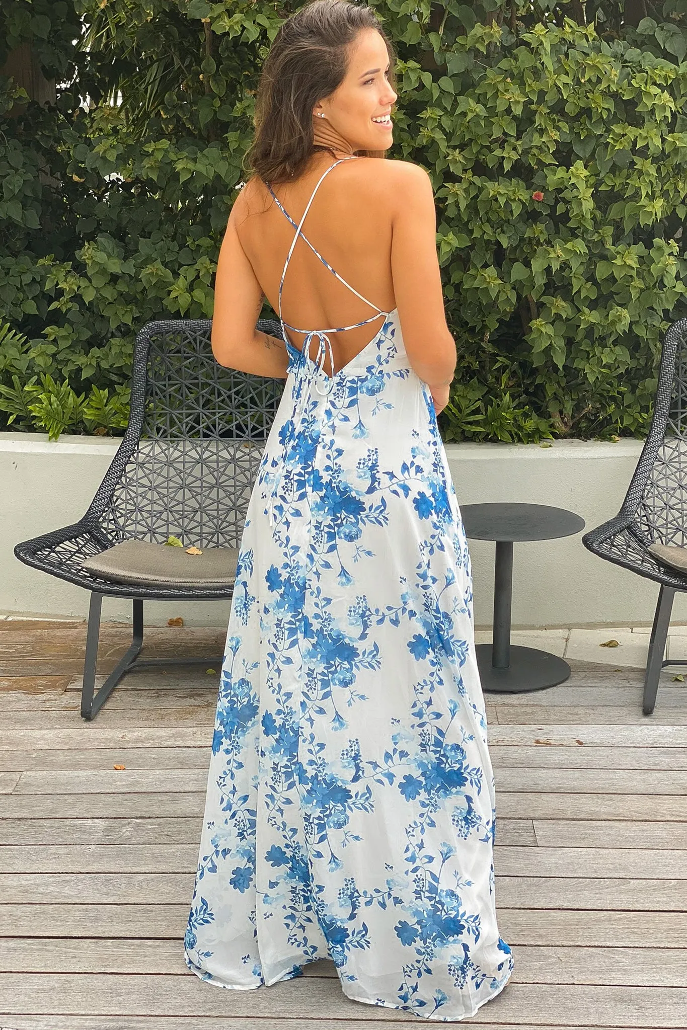 Blue And White Floral Maxi Dress With Criss Cross Back