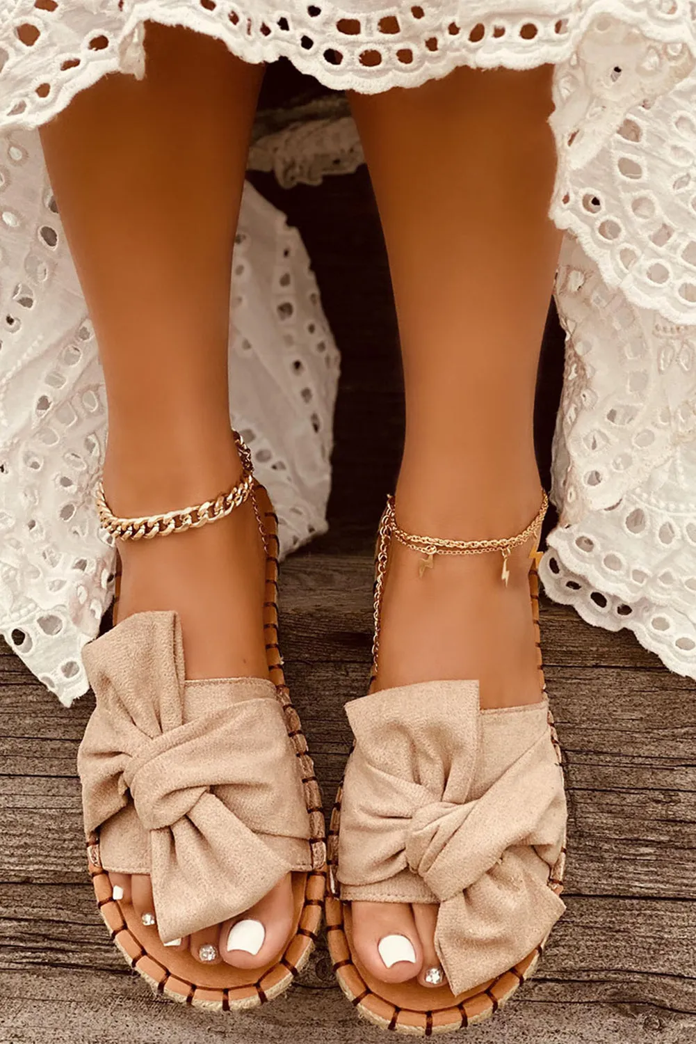 Bow Knot Decor Suede Espadrille Slide Sandals
