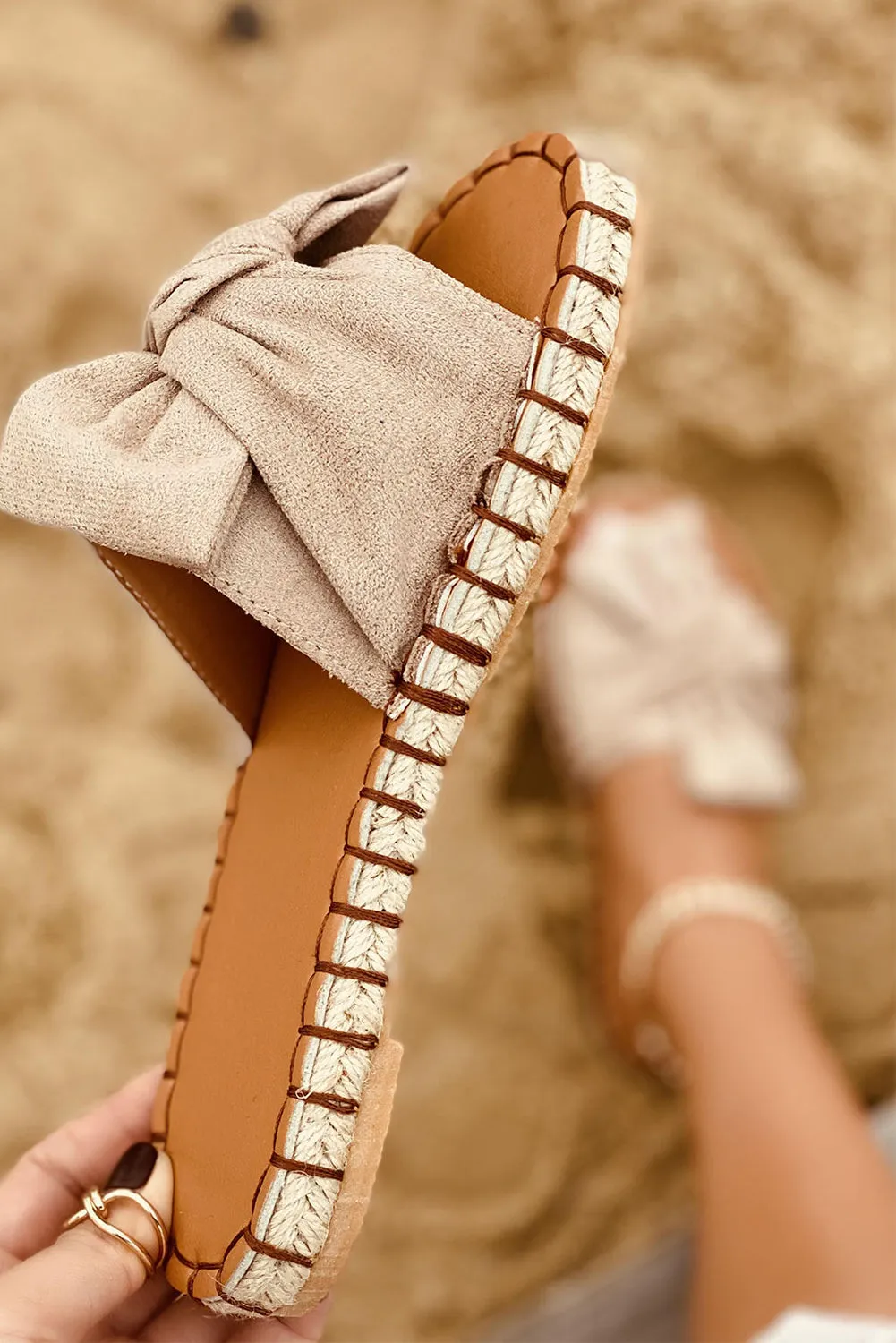 Bow Knot Decor Suede Espadrille Slide Sandals