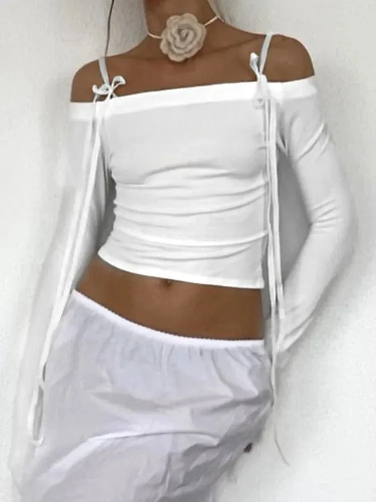 Bow Off Shoulder Skinny Crop Top - Streetwear