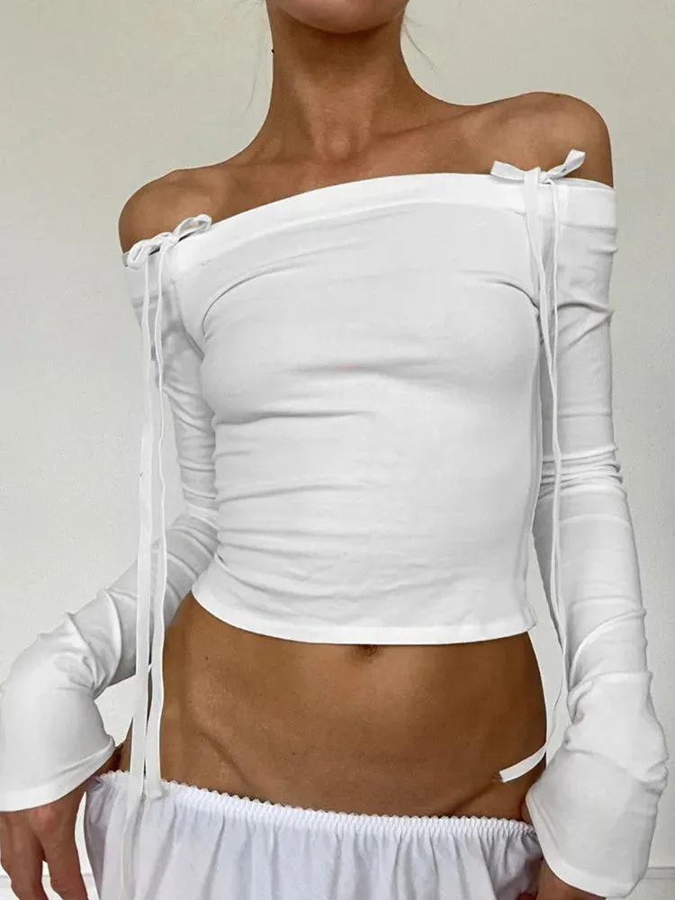 Bow Off Shoulder Skinny Crop Top - Streetwear