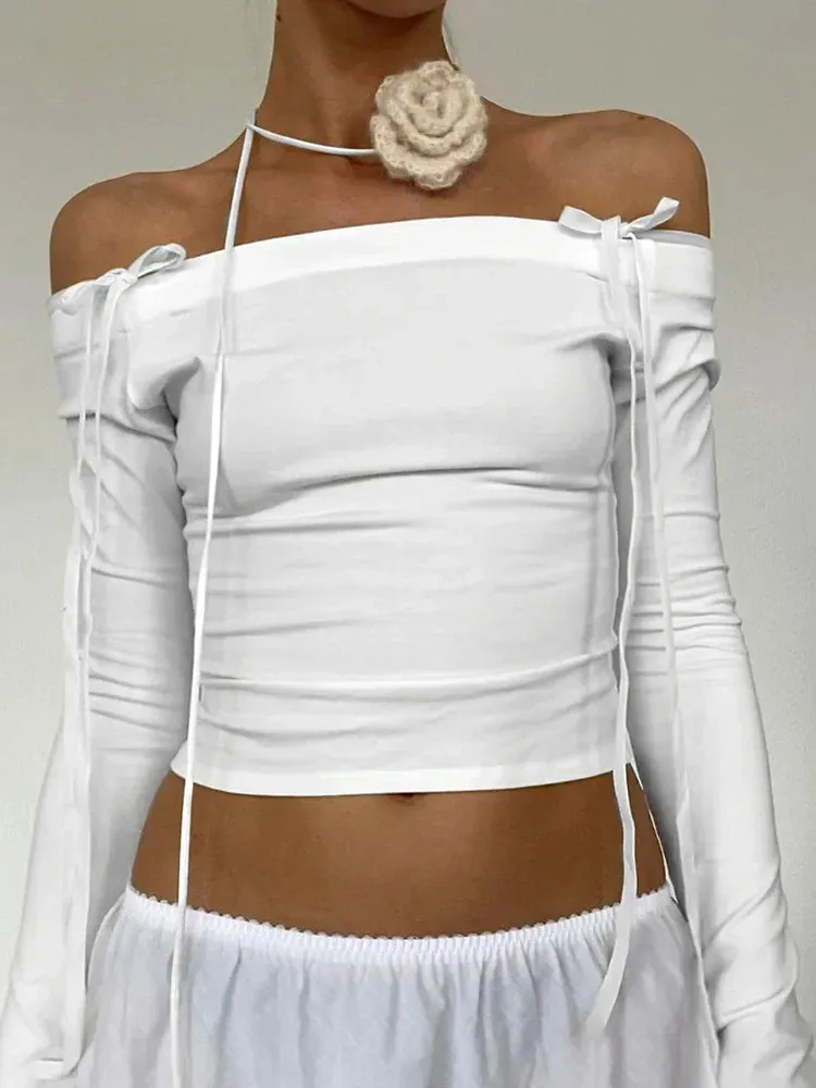 Bow Off Shoulder Skinny Crop Top - Streetwear