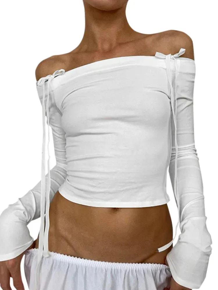 Bow Off Shoulder Skinny Crop Top - Streetwear