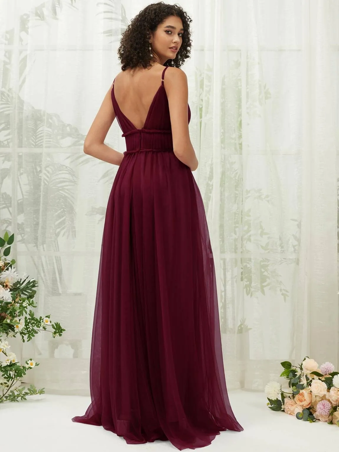 Burgundy Tulle Backless Pleated Pocket Floor Length Bridesmaid Dresses