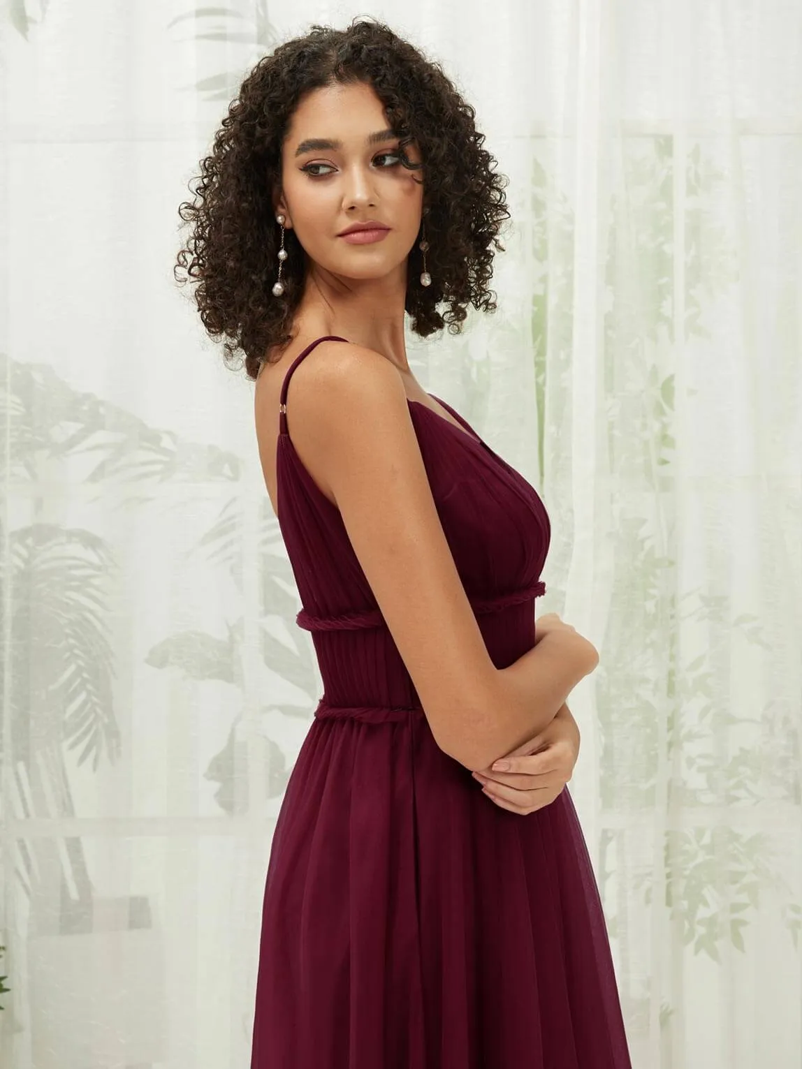 Burgundy Tulle Backless Pleated Pocket Floor Length Bridesmaid Dresses