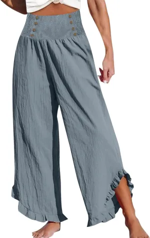 Buy it Now Big Spring Clearance amaon Prime Account Boho Pants for Women Linen Pants Women 2025 Plus Size Summer Smocked Waist Ruffle Hem Womens Trousers Wide Leg Beach Pants with Pockets Blue