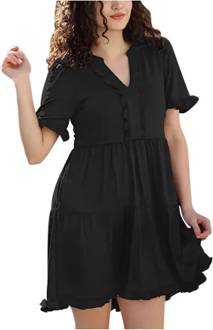 Casual Dresses for Women V Neck Pleated Oversized Flowing Dress Folded Solid Women Beach Vacation Dress