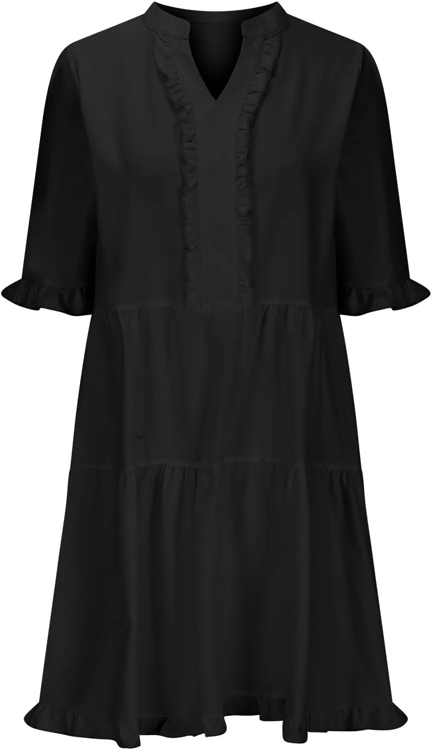 Casual Dresses for Women V Neck Pleated Oversized Flowing Dress Folded Solid Women Beach Vacation Dress