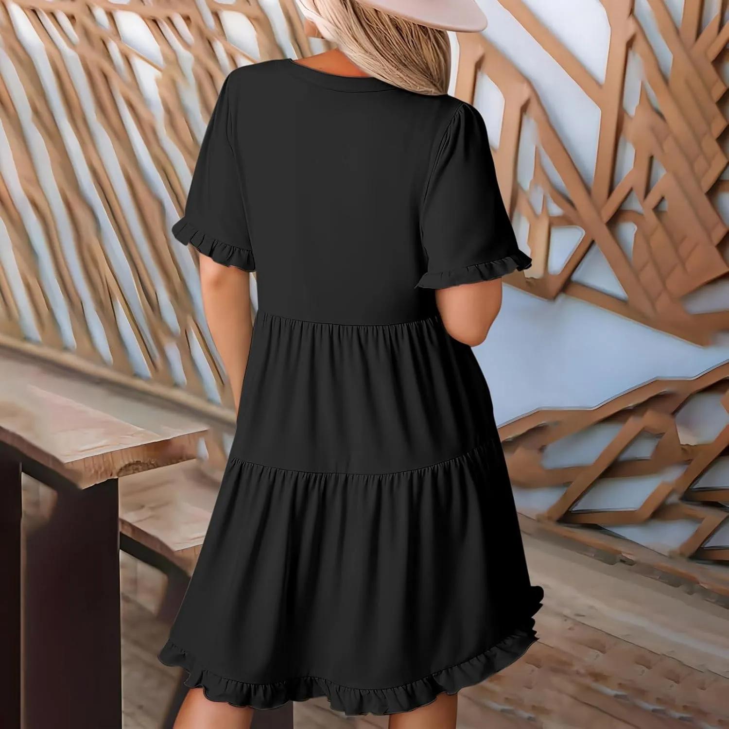 Casual Dresses for Women V Neck Pleated Oversized Flowing Dress Folded Solid Women Beach Vacation Dress