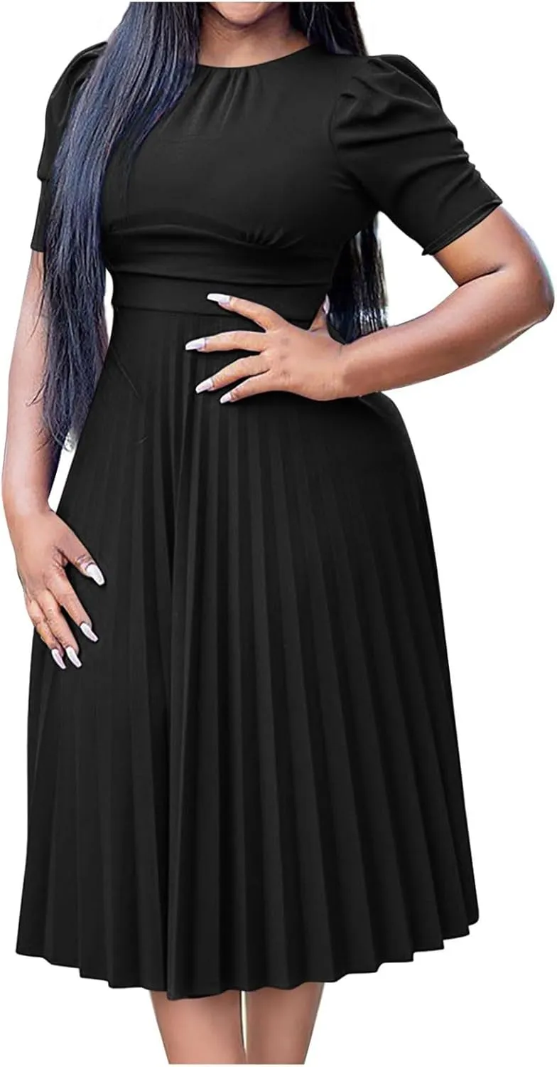 Casual Summer Dresses for Women 2025,Women's Elegant Dress Pleated Puff Sleeves Dresses Homecoming Loose Fit Dress