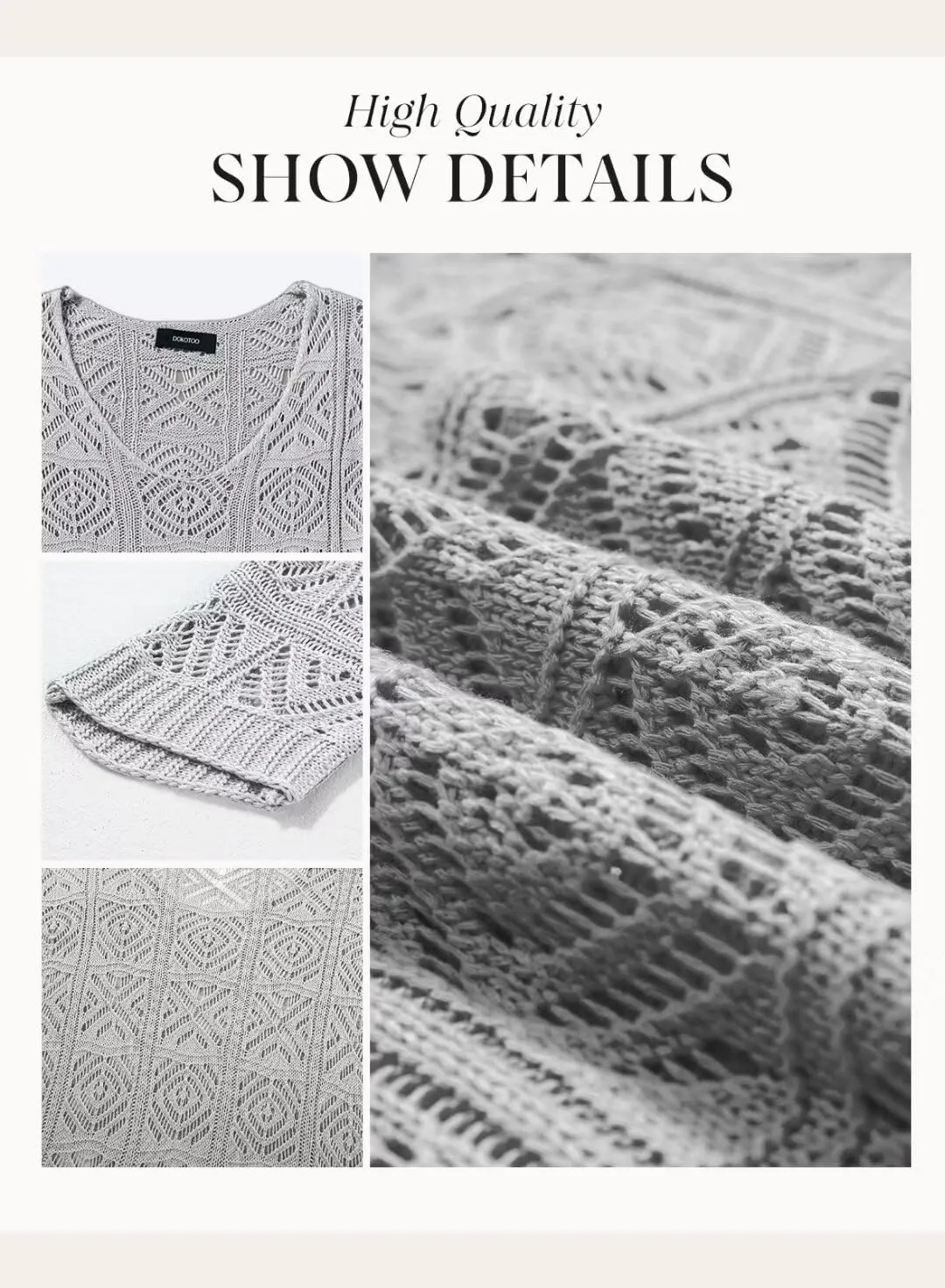 Dokotoo Women's 2025 Spring Summer Crochet Hollow Out 3/4 Sleeve Pullover Sweater Off Shoulder T-Shirts