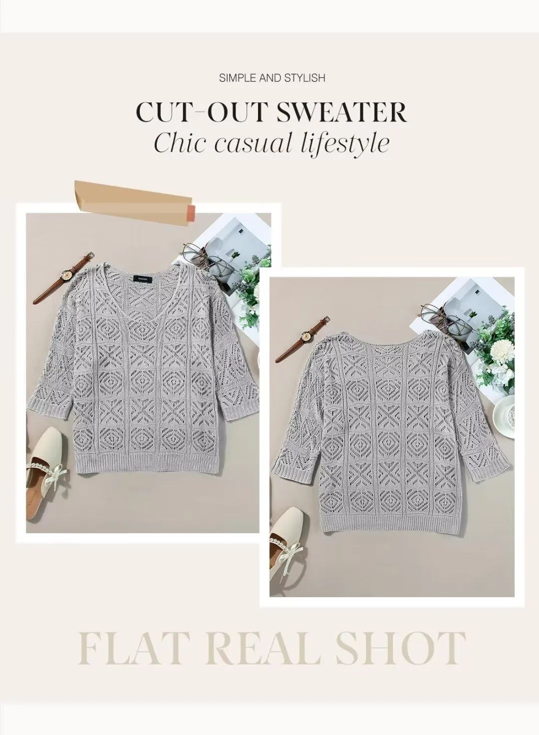 Dokotoo Women's 2025 Spring Summer Crochet Hollow Out 3/4 Sleeve Pullover Sweater Off Shoulder T-Shirts