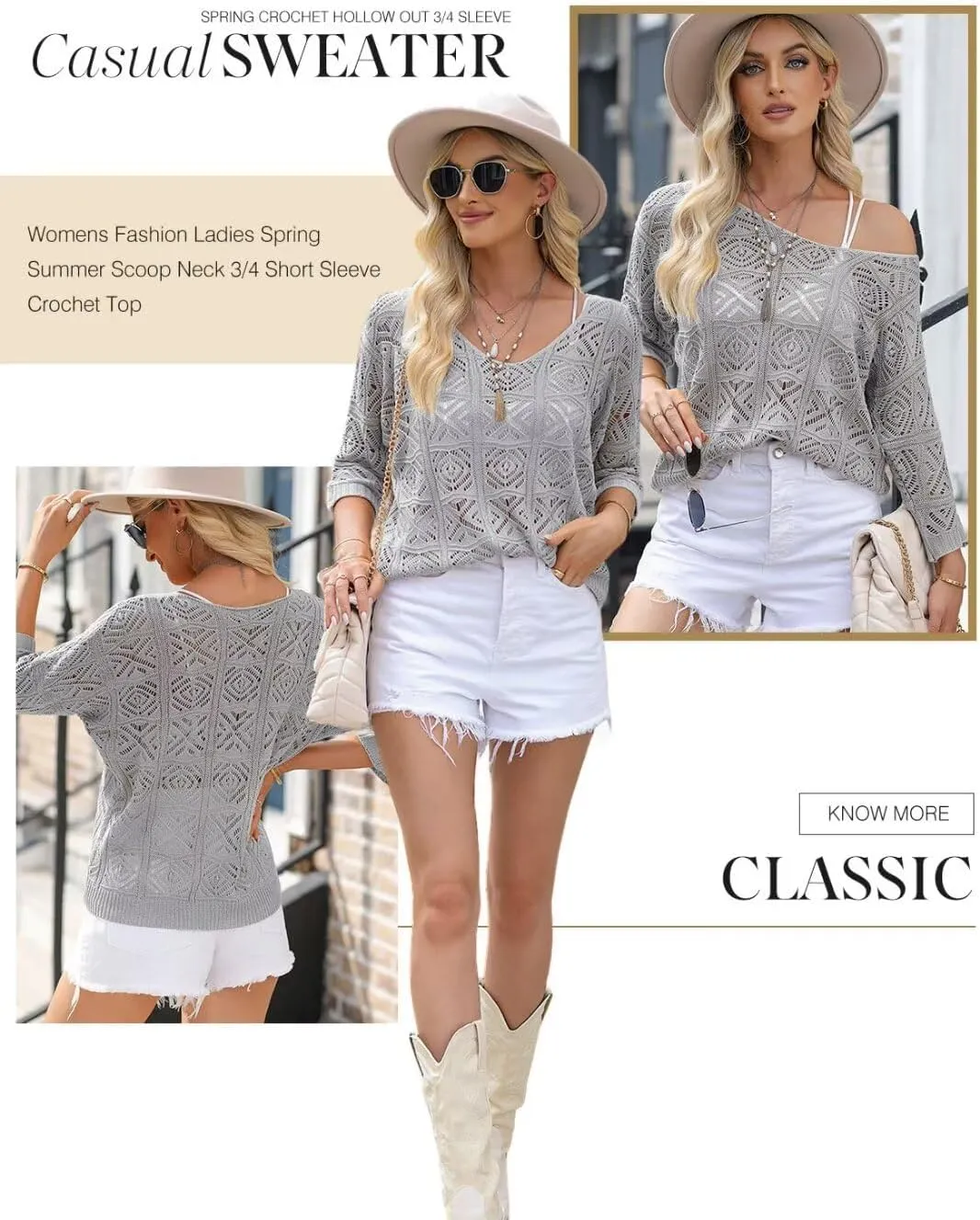 Dokotoo Women's 2025 Spring Summer Crochet Hollow Out 3/4 Sleeve Pullover Sweater Off Shoulder T-Shirts
