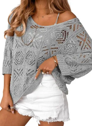 Dokotoo Women's 2025 Spring Summer Crochet Hollow Out 3/4 Sleeve Pullover Sweater Off Shoulder T-Shirts