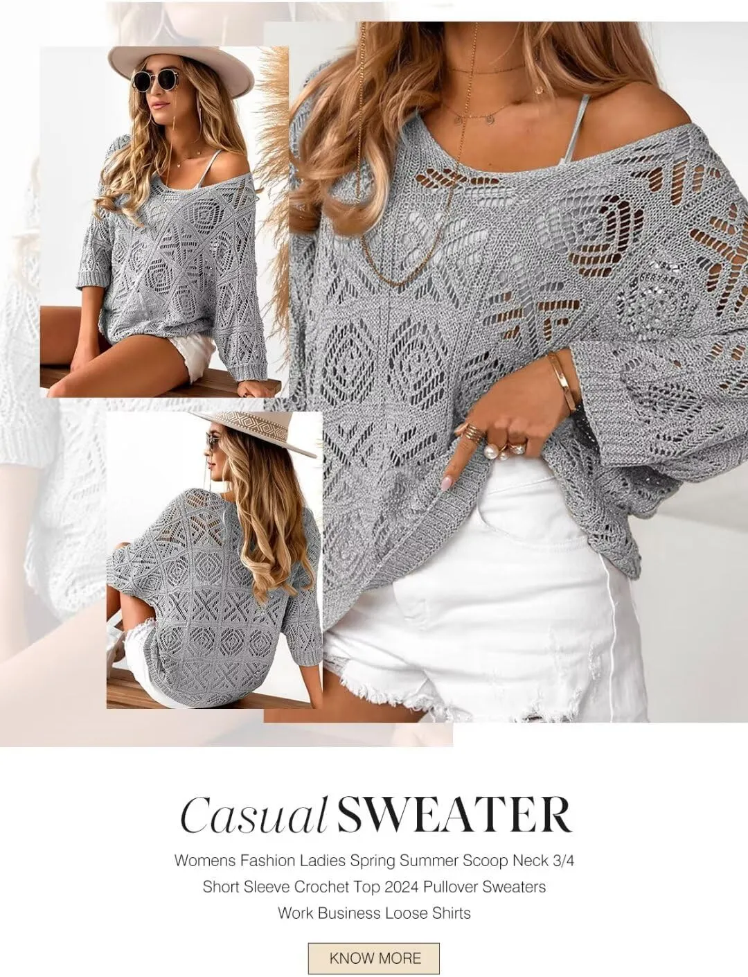 Dokotoo Women's 2025 Spring Summer Crochet Hollow Out 3/4 Sleeve Pullover Sweater Off Shoulder T-Shirts