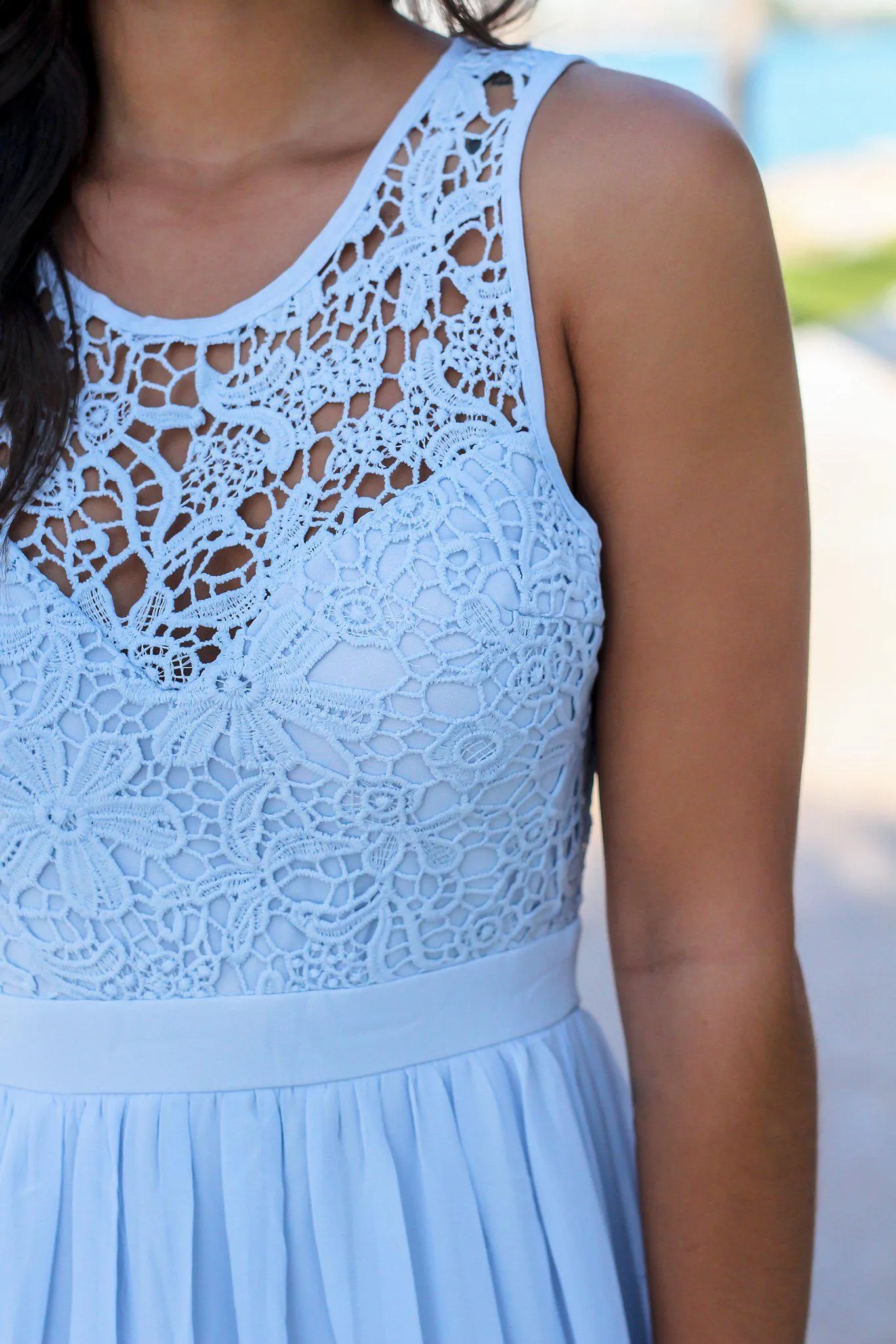 Dusty Blue Crochet Maxi Dress with Open Back