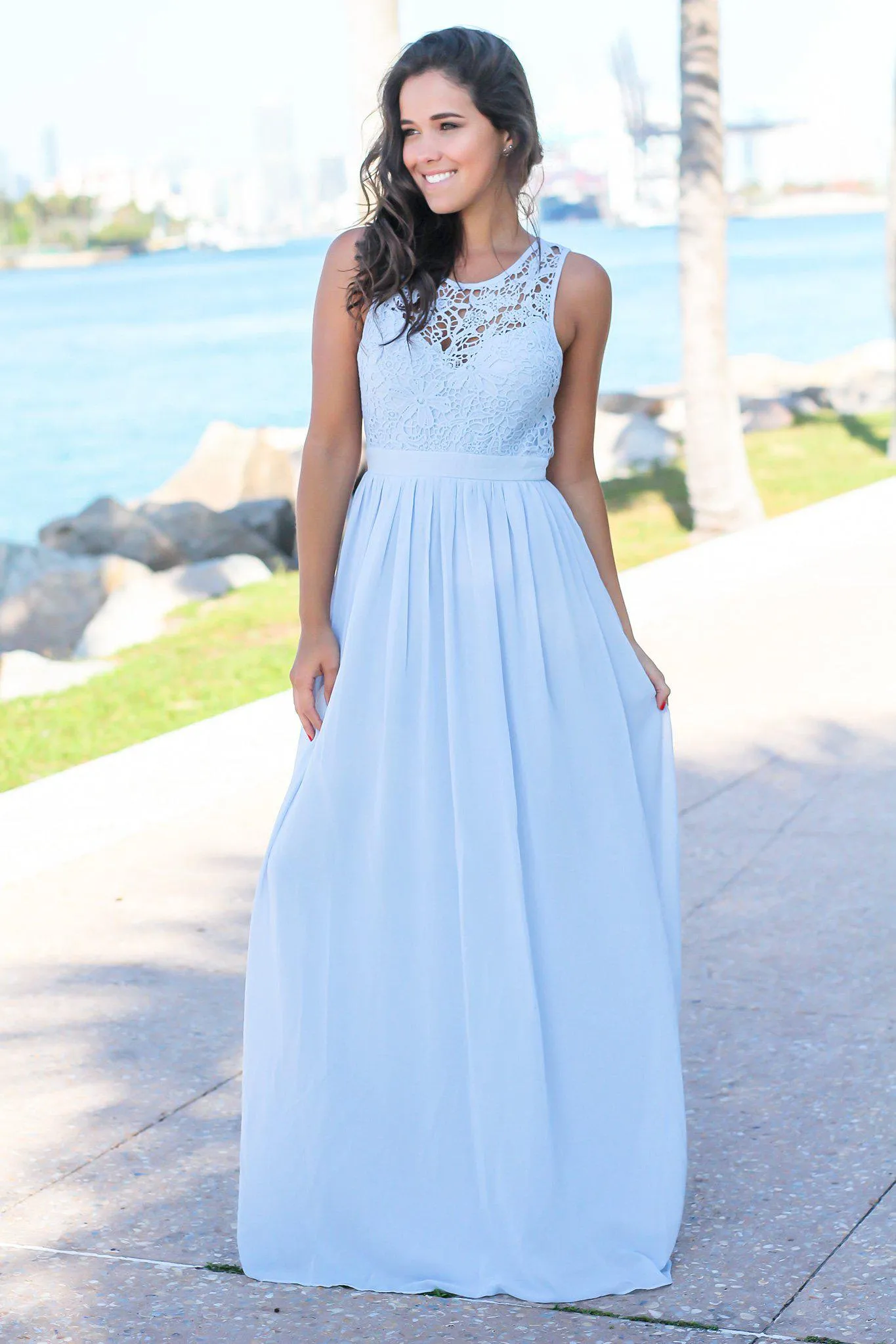 Dusty Blue Crochet Maxi Dress with Open Back