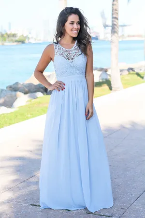 Dusty Blue Crochet Maxi Dress with Open Back