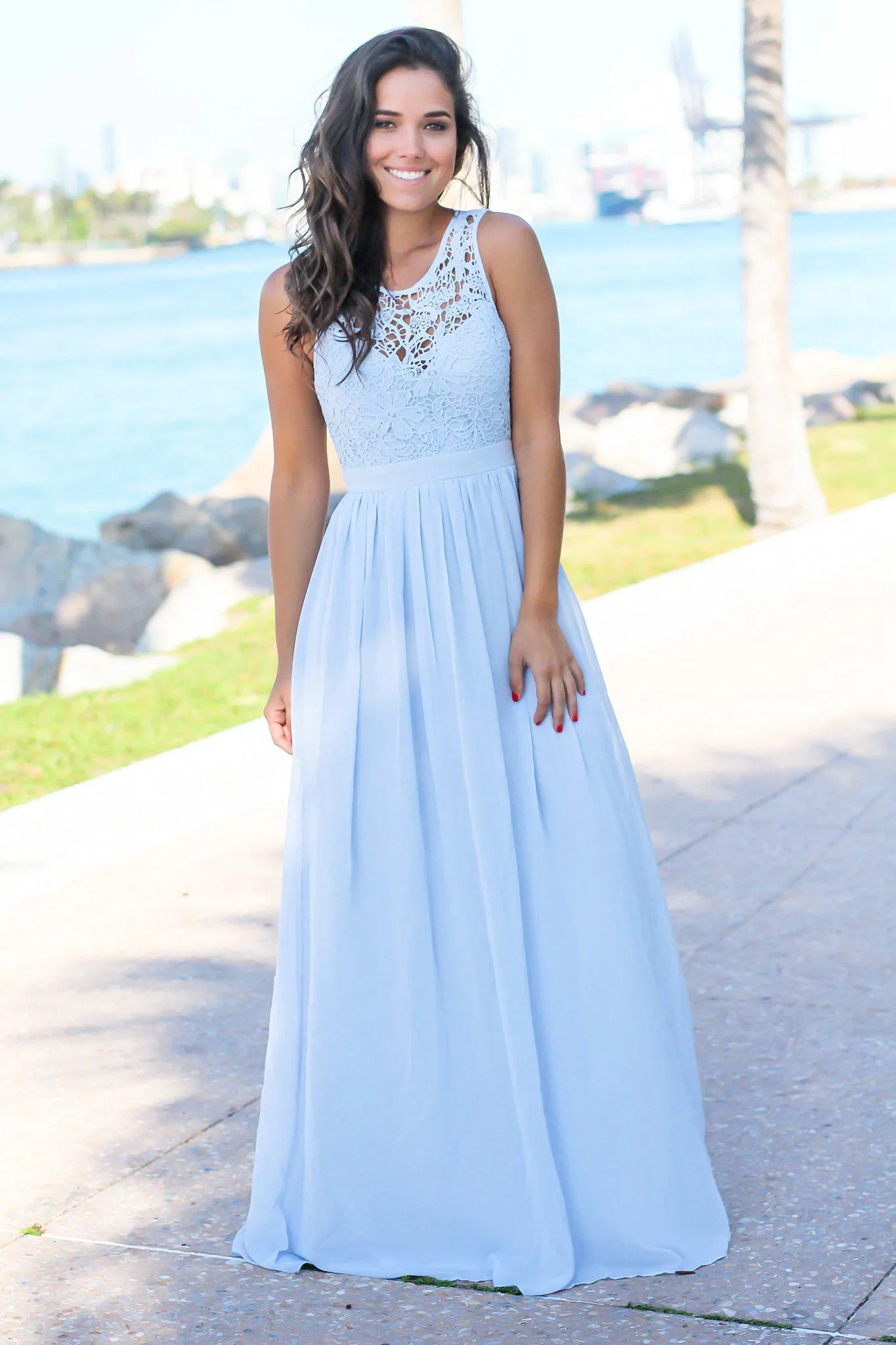 Dusty Blue Crochet Maxi Dress with Open Back
