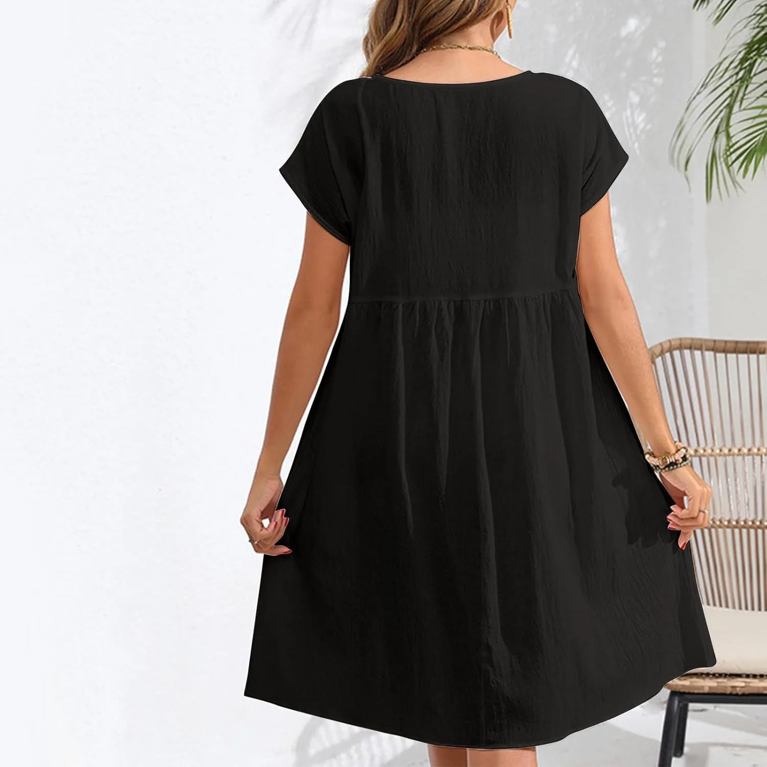 Finelylove Summer Dresses for Women 2025 Flowy Ruffled A Line Dress Short Sleeve Cotton Linen Dress Mini Beach Sundress