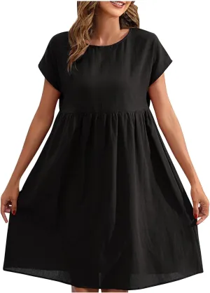 Finelylove Summer Dresses for Women 2025 Flowy Ruffled A Line Dress Short Sleeve Cotton Linen Dress Mini Beach Sundress
