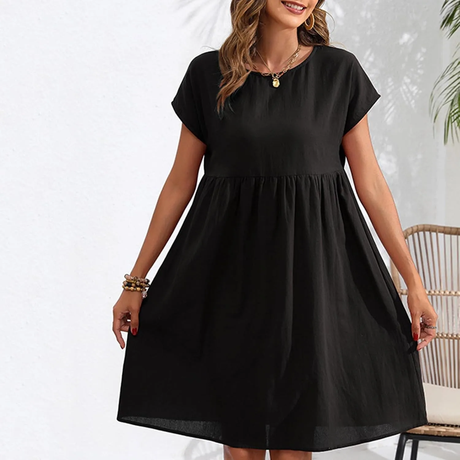 Finelylove Summer Dresses for Women 2025 Flowy Ruffled A Line Dress Short Sleeve Cotton Linen Dress Mini Beach Sundress