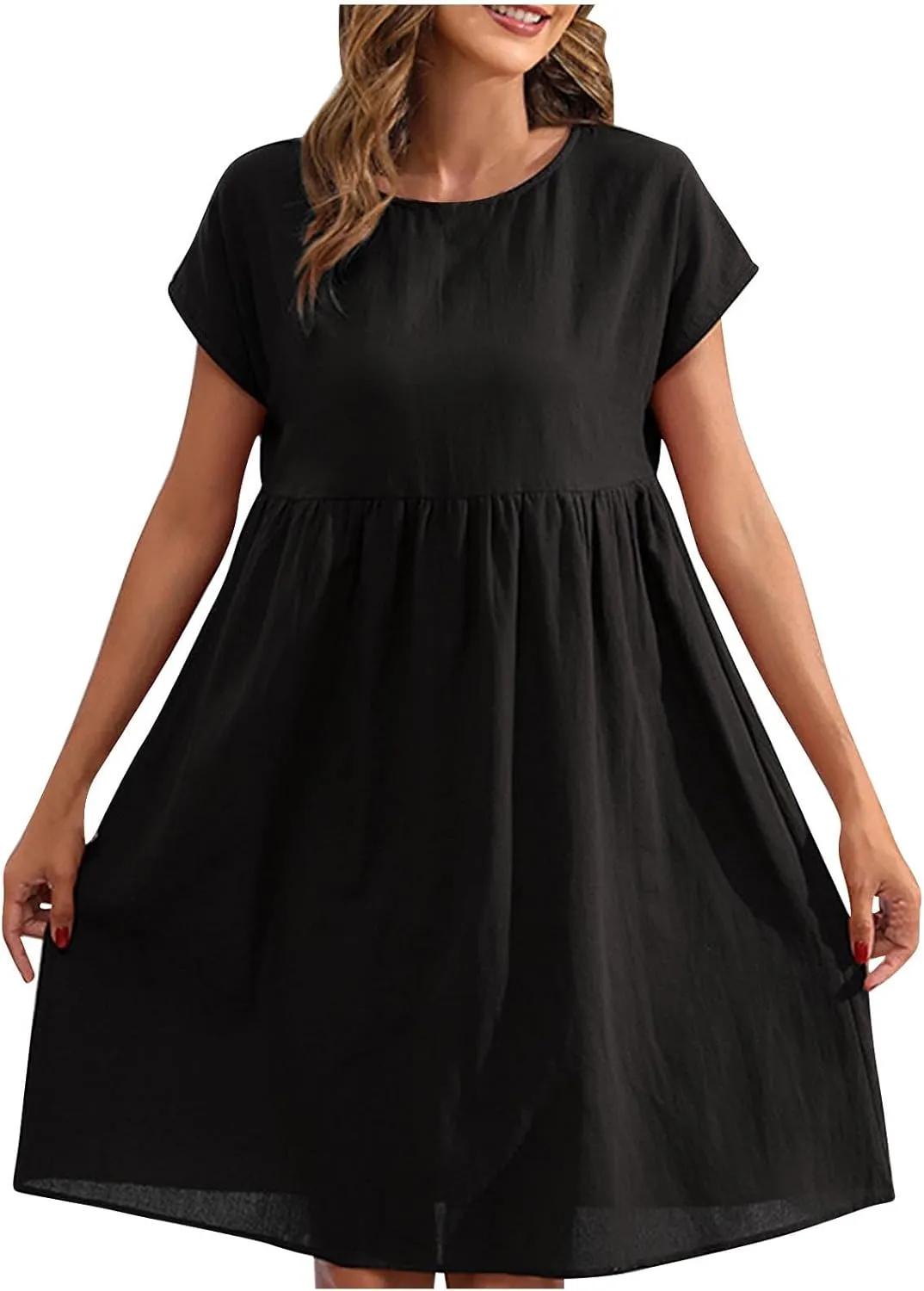 Finelylove Summer Dresses for Women 2025 Flowy Ruffled A Line Dress Short Sleeve Cotton Linen Dress Mini Beach Sundress