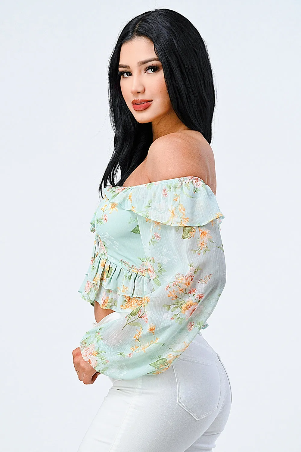 FLORAL CHIFFON OFF SHOULDER RUFFLED TOP