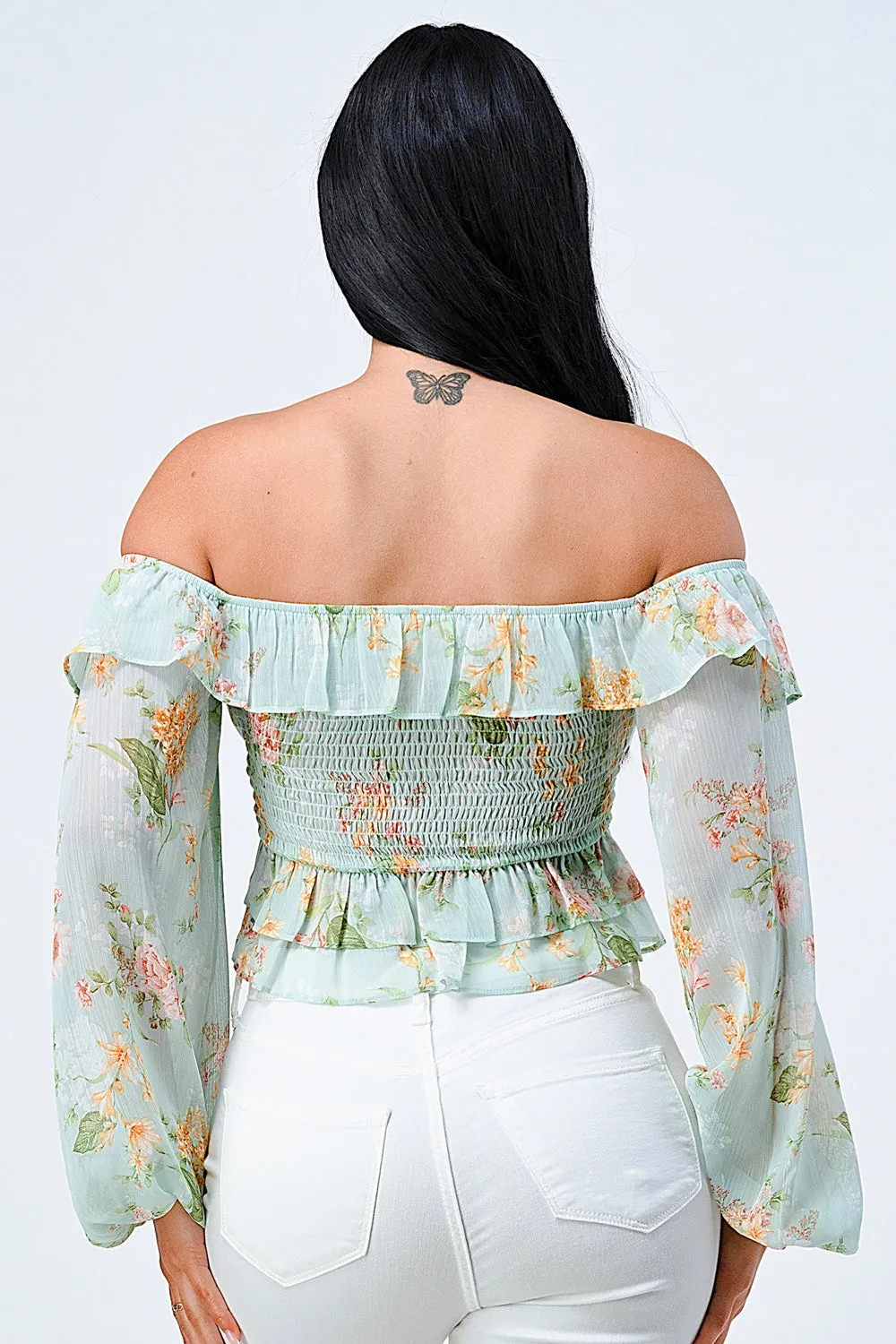 FLORAL CHIFFON OFF SHOULDER RUFFLED TOP