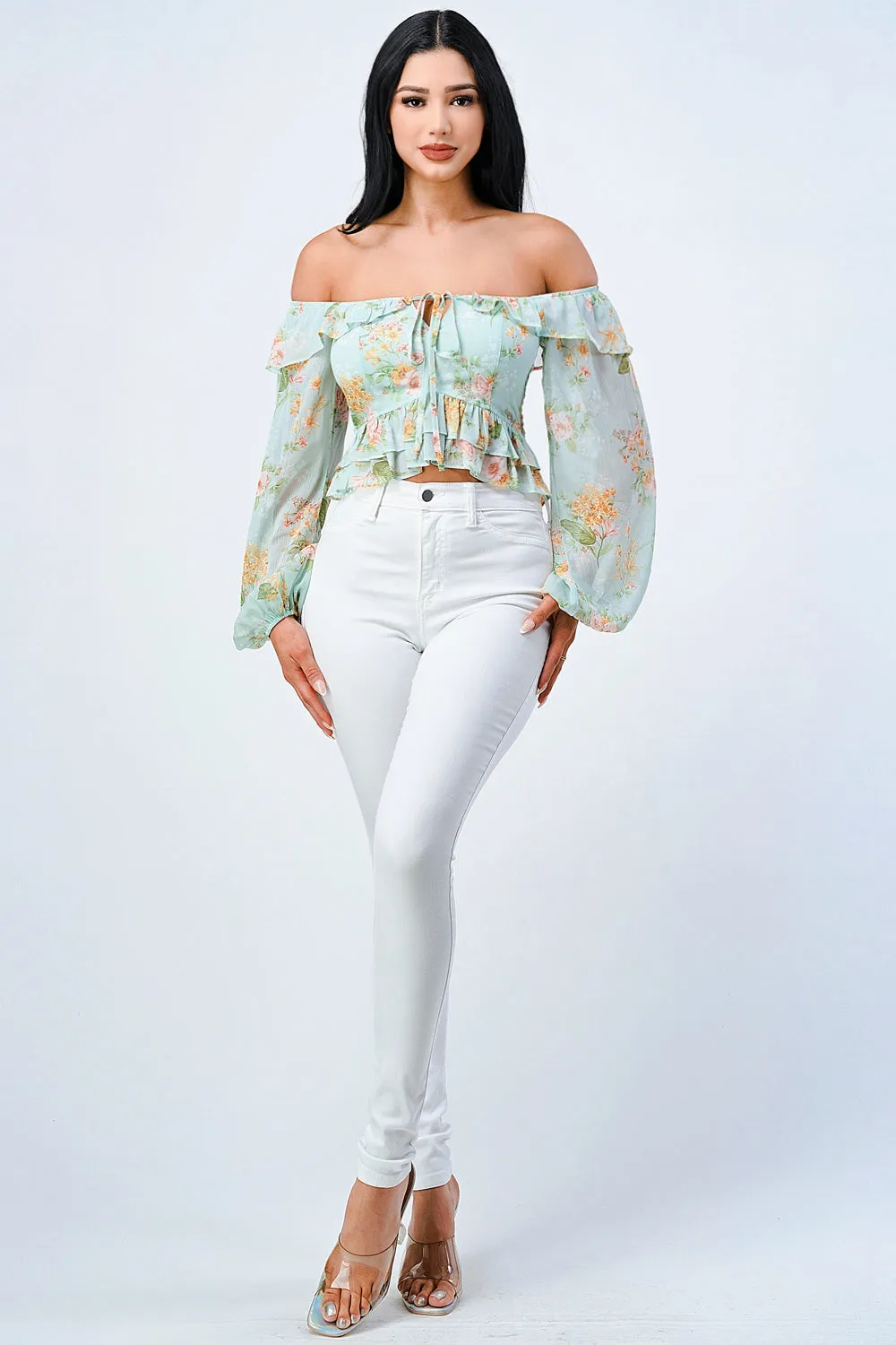 FLORAL CHIFFON OFF SHOULDER RUFFLED TOP