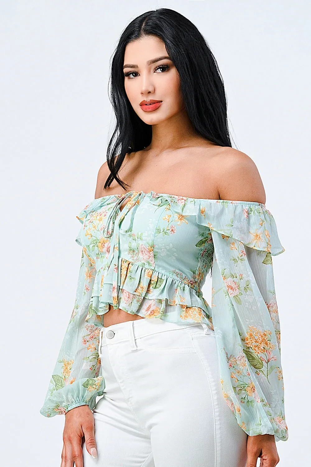 FLORAL CHIFFON OFF SHOULDER RUFFLED TOP