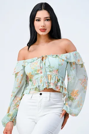 FLORAL CHIFFON OFF SHOULDER RUFFLED TOP