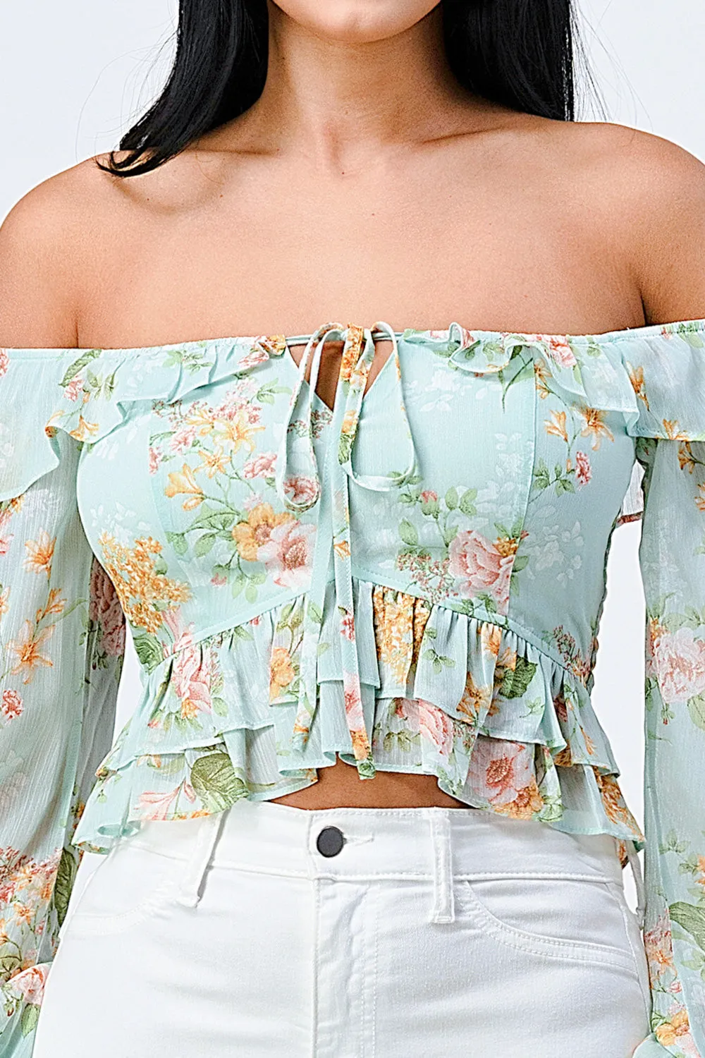 FLORAL CHIFFON OFF SHOULDER RUFFLED TOP