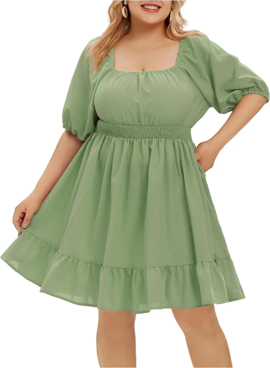 FOREYOND Women's Plus Size Short Sleeve Casual Dress Floral Print Wrap Midi Dresses Square Neck A Line Swing Dress