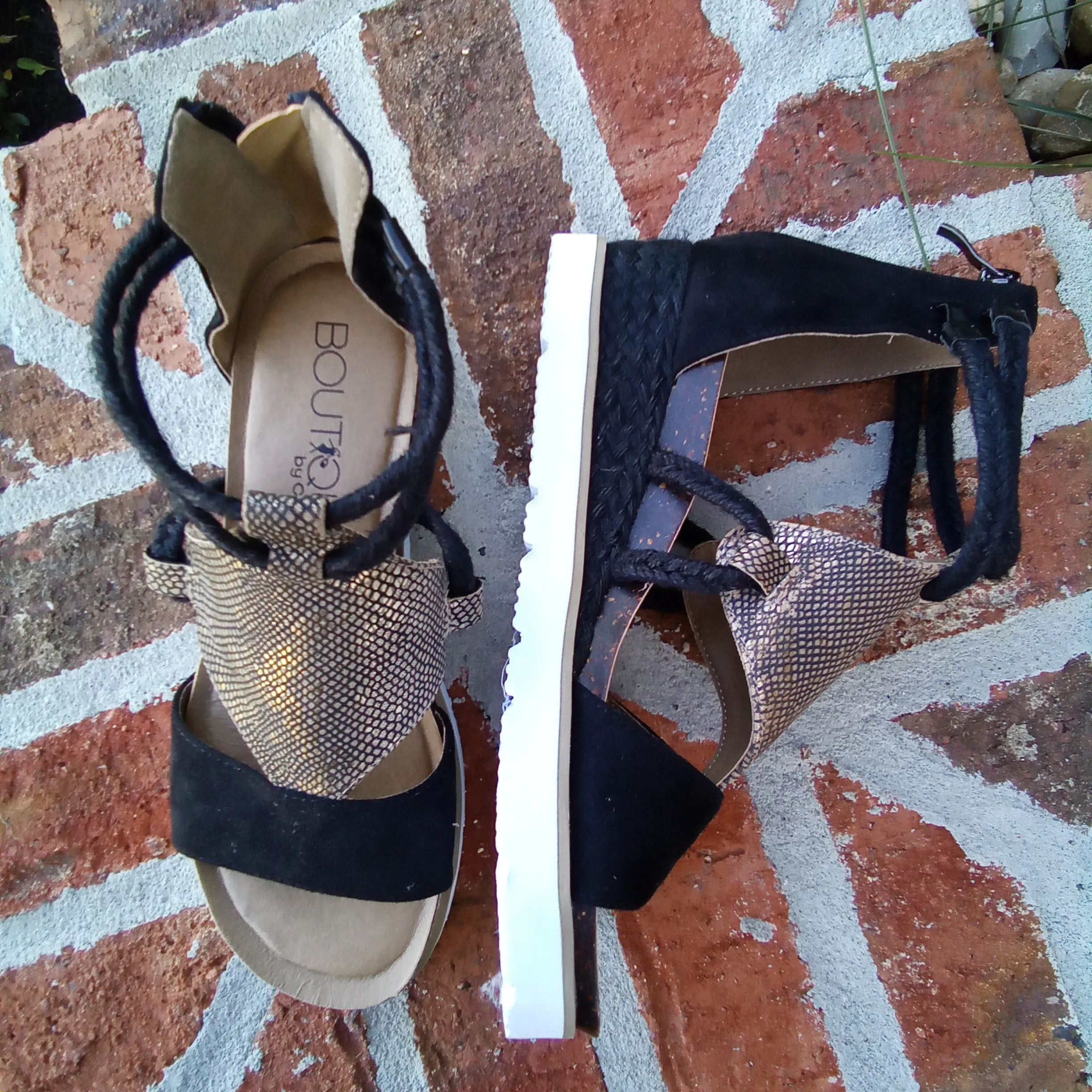 Gladiator Black and Gold Zip Back Sandals  | Boutique by Corkys | Browning