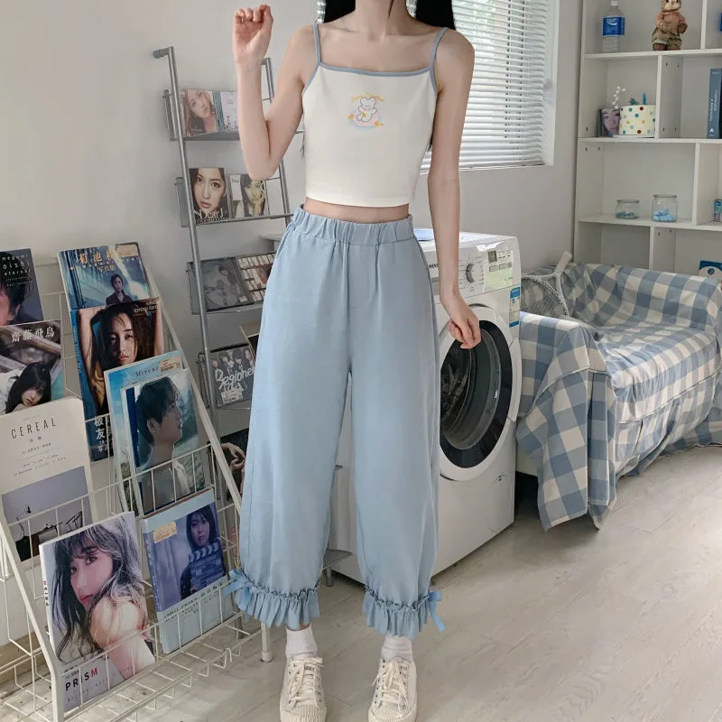 Japanese Soft Girl Style Bear Embroidery Suspender Tank Tops