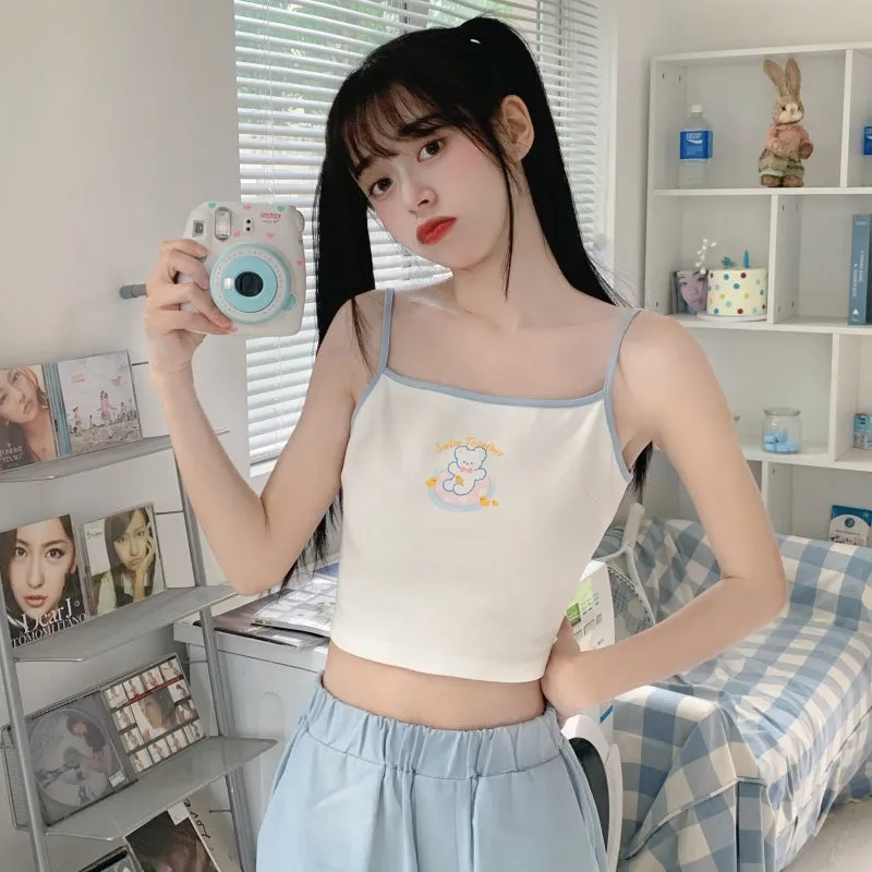 Japanese Soft Girl Style Bear Embroidery Suspender Tank Tops