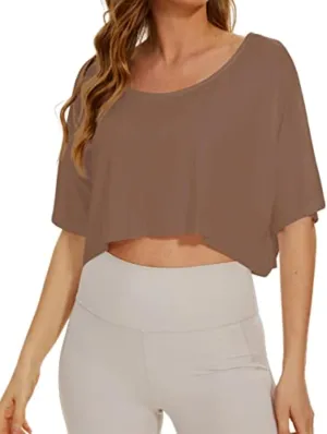 KAMISSY Women’s Casual Loose Half Sleeve Crop Tee Shirt Top Oversized Off Shoulder Yoga Running Stretchy Workout Crop T-Shirt